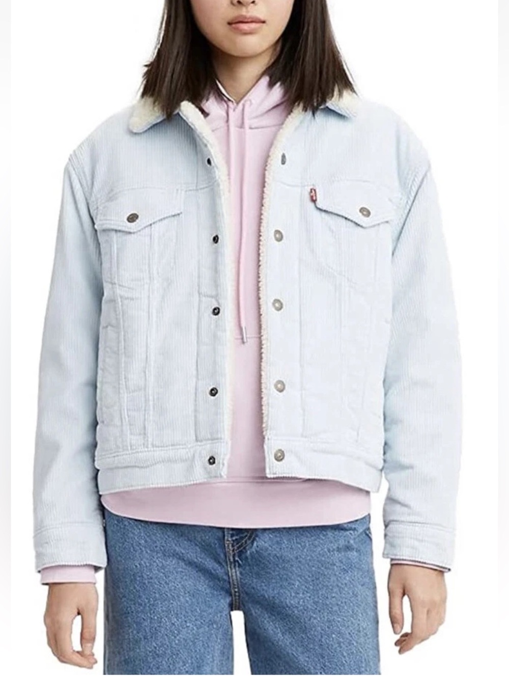 Levi’s Women’s Ex-Boyfriend Light Blue Corduroy Sherpa Trucker Jacket Size L